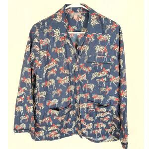 J.Crew blue zebra print button up sleep shirt Size Small Loungewear Retro Safari